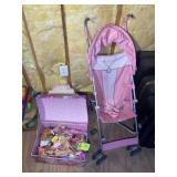 GROUP OF BARBIES, STROLLER AND POTTY CHAIR