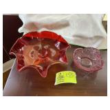 LARGE SCALLOPED EDGE RED DECORATIVE BOWL AND PURPL