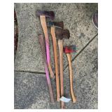 GROUP OF YARD TOOLS, AXES, SPLITTING AXES, ETC