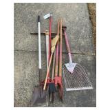 GROUP OF YARD TOOLS, RAKE, SHOVEL, POST HOLE DIGGE