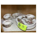 GROUP OF SIX PLATES AND TEACUPS THE OLD MILL MADE