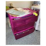 PINK THREE DRAWER ROLLING STORAGE BIN WITH MISCELL