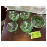 GROUP OF VINTAGE GREEN GLASS ITEMS TEACUPS NUT DIS