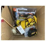 BOX OF MISC TOOLS, HAMMER, BIT SET, RATCHET STRAPS