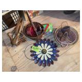 GROUP OF BASKETS, WOODEN BOWLS AND METAL SIGN