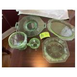GROUP OF VINTAGE GREEN GLASS SERVING PIECES, PLATE