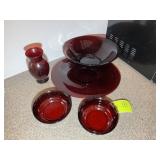 GROUP OF RED GLASS SERVING DISHES PLATE, BOWLS, VA