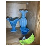 GROUP OF THREE BLUE GLASS DECORATIVE ITEMS, VASES,