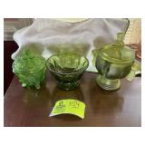 GROUP OF THREE GREEN CANDY DISHES, TWO COVERED