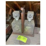 VINTAGE DECANTER SET, WOOD STAND, GLASS BOTTLES