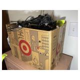 BOX CONTAINING MISCELLANEOUS CORDS CABLES PHONES E