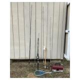 GROUP OF FISHING ITEMS, POLES, REELS, TACKLE BOX E