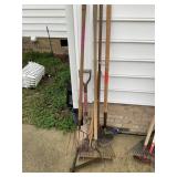 GROUP OF YARD TOOLS, RAKE, SHOVELS, ETC
