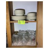 TWO SHELVES WITH ASSORTED DINNERWARE AND GLASSWARE