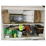 CONTENTS OF CABINET, CAULK GUN, PARTS BIN