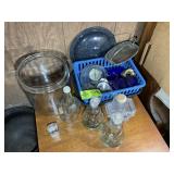 GROUP OF DECANTERS, LARGE JAR, MISC GLASS ITEMS