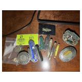 GROUP OF POCKET KNIVES AND BELT BUCKLES
