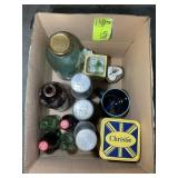 BOX WITH BLUE BALL JAR, CLOROX BOTTLE, EVERLAST CU