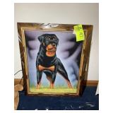 FRAMED PAINT ON FABRIC ROTTWEILER, 19 IN X 23 IN