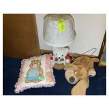 LAMP, STUFFED DOG, AND BUNNY PILLOW