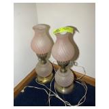 PAIR OF PINK GLASS ELECTRIFIED OIL LAMP STYLE LAMP