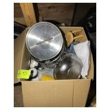 BOX OF ASSORTED POTS, PANS, CUPS