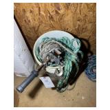 BUCKET OF MISCELLANEOUS ROPE AND HAND WINCH