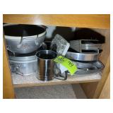 GROUP OF BAKING PANS, SIFTER, STRAINERS, ETC