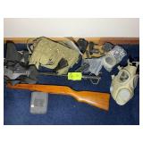 GROUP OF MISC ITEMS, GUN STOCK, GAS MASK, BILLY CL
