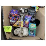 BOX OF MISC DISNEY COLLECTORS CUPS, SKULL SCULPTUR
