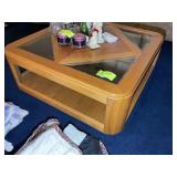 WOOD AND GLASS COFFEE TABLE, DAMAGE TO GLASS, 38 I