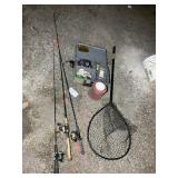 GROUP INCLUDING FISHING POLES, FISHNET, CRICKET BU