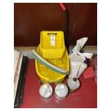 ROLLING MOP BUCKET WITH CLEANERS HALF FULL AND FLO