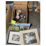 BOX WITH ASSORTED DECORATIVE ITEMS, VASES, WATER P