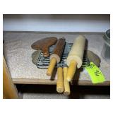 GROUP INCLUDING CAST IRON CORN BREAD PAN, WOODEN R