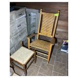 WOVEN SEAT ROCKING CHAIR AND STOOL SOME DAMAGE TO