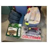 TOTE WITH MISC CAMPING ITEMS, AIR MATTRESS, TWO BU