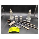 GROUP OF MISC ITEMS CANDLE SNUFFER, SALT AND PEPPE