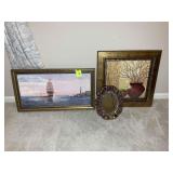 GROUP OF DECORATIVE WALL ART, SHIP OIL PAINTING BY