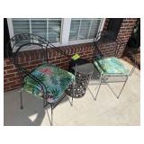 PAIR OF METAL PATIO CHAIRS, TABLE, AND CUSHIONS