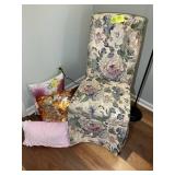 SMALL COVERED UPHOLSTERED SIDE CHAIR AND DECORATIV