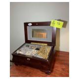 WOODEN JEWELRY BOX WITH COSTUME JEWELRY, APPROX 13