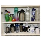 TWO SHELVES OF ASSORTED COFFEE MUGS, THERMOSES, PL