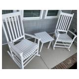 PAIR OF WHITE ROCKING CHAIRS AND SMALL PATIO TABLE