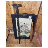 GROUP OF ORIENTAL THEMED ITEMS, CANE, UMBRELLA, PA