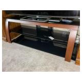 WOOD FRAME GLASS SHELF TV STAND, 56 IN X 21 IN X 2