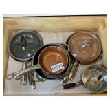 DRAWER WITH ASSORTED POTS AND PANS, SOME WITH LIDS