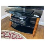 WOOD FRAME GLASS SHELF TV STAND, 38 IN X 20 IN X 2