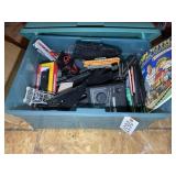TOTE WITH MISC TRAIN PARTS, TRACKS, CONTROLLERS, T