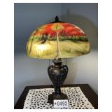 REVERSE PAINTED GLASS SHADE TWO BULB TABLE LAMP, 2